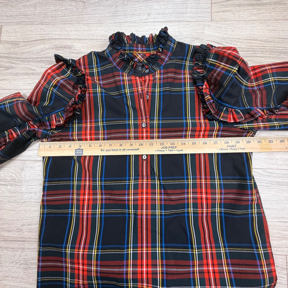 J.Crew Womens Red Tartan Plaid Ruffle Trim Cotton Top‎ Long Sleeve Medium - Picture 6 of 9